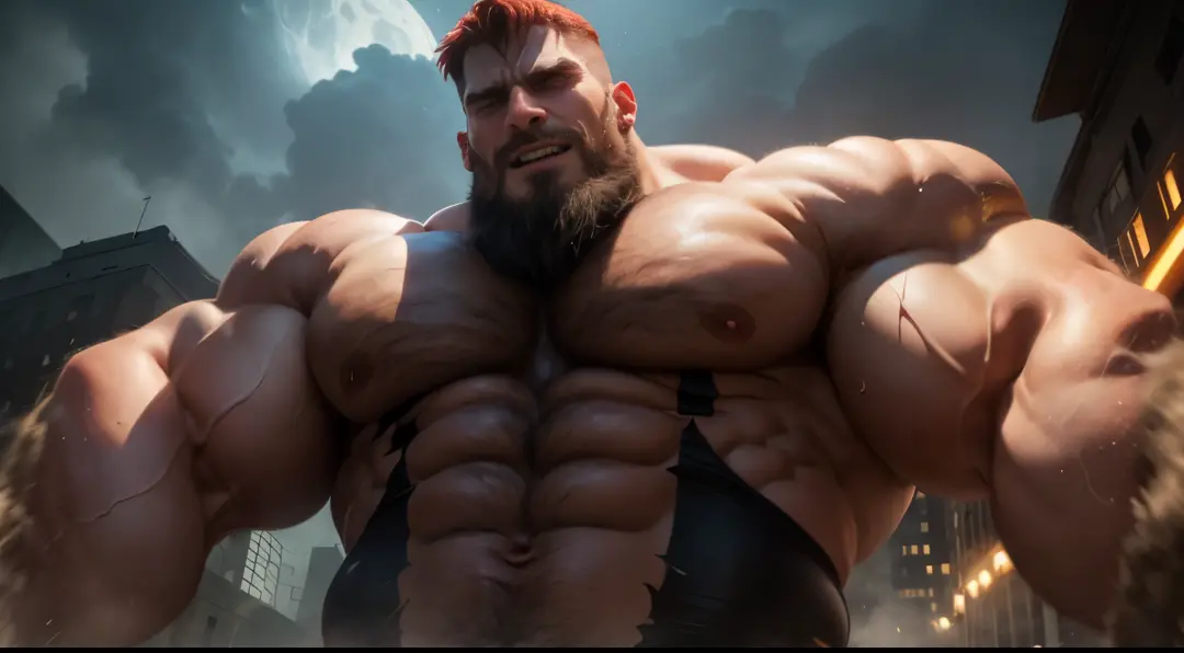 (high quality,ultra-detailed,realistic:1.37),gigantic muscular man,larger than planet Earth,fiery red hair,with beard,evil,malevolent,laughing loudly,night scene,dramatic lighting,ominous atmosphere,destructive power,dark background,glowing red eyes,evil g...