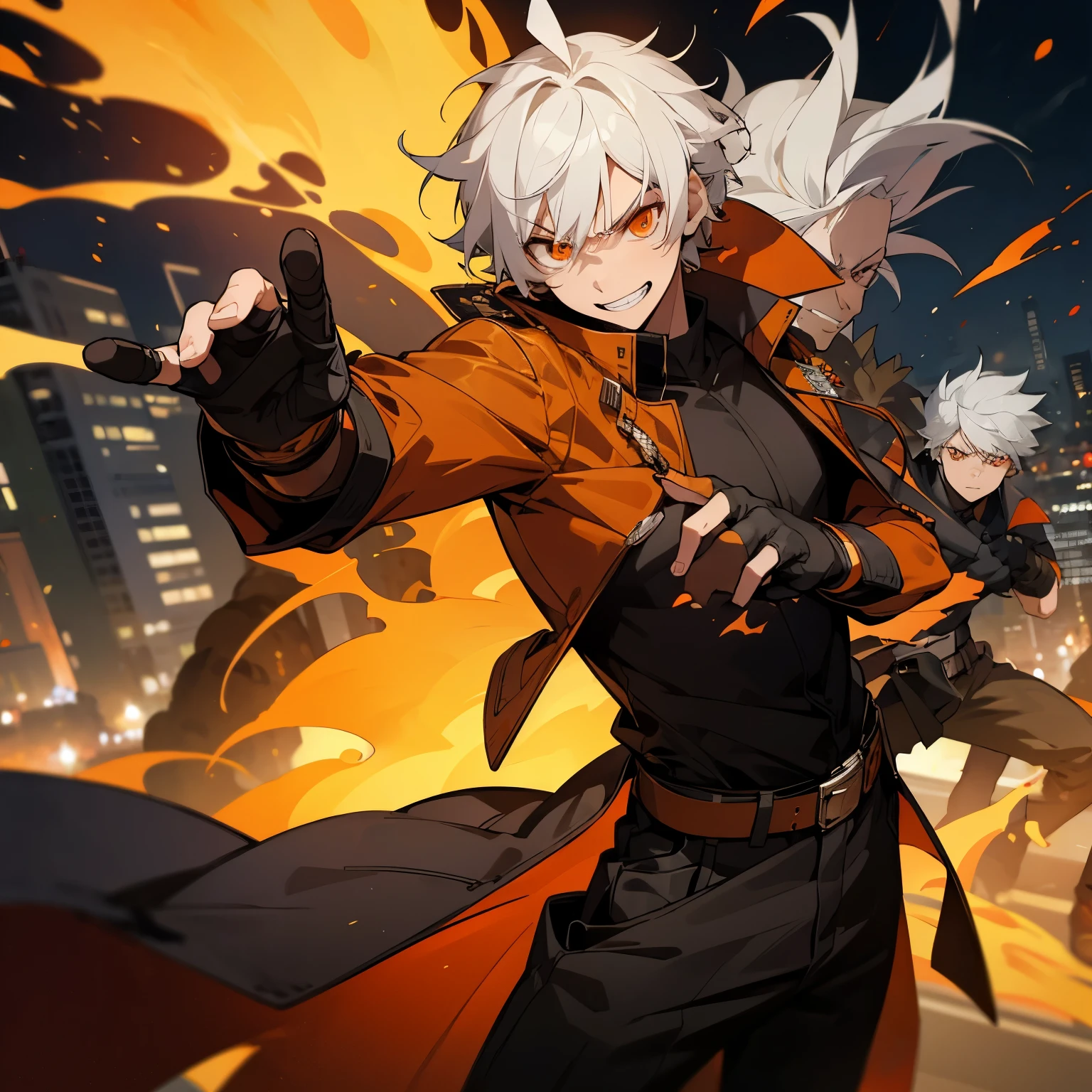 masterpiece, 1boy, white hair, coat, fingerless gloves, belt, city, detailed eyes, fire, destruction, grin, orange eyes, angry eyes, looking ahead, muscles, movie composition, bokeh (demons on the background:1.2) , fighting pose, explosions