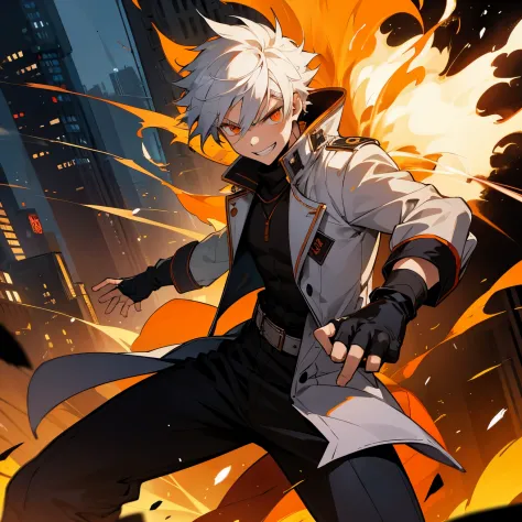 1boy, white hair, coat, fingerless gloves, belt, city, morning, fire, destruction, grin, orange eyes, angry eyes, looking ahead, muscles, movie composition, demons on the background , fighting pose, explosions