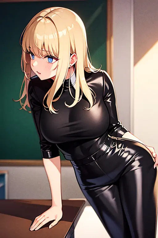 50-year-old Teacher Classroom Straight blond hair Black leather pants Satin top