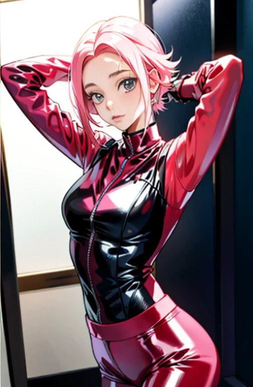 Une fille pose pour une photo dans un anime en latex, coeur pastel,   bel animé, Style anime Ecchi,