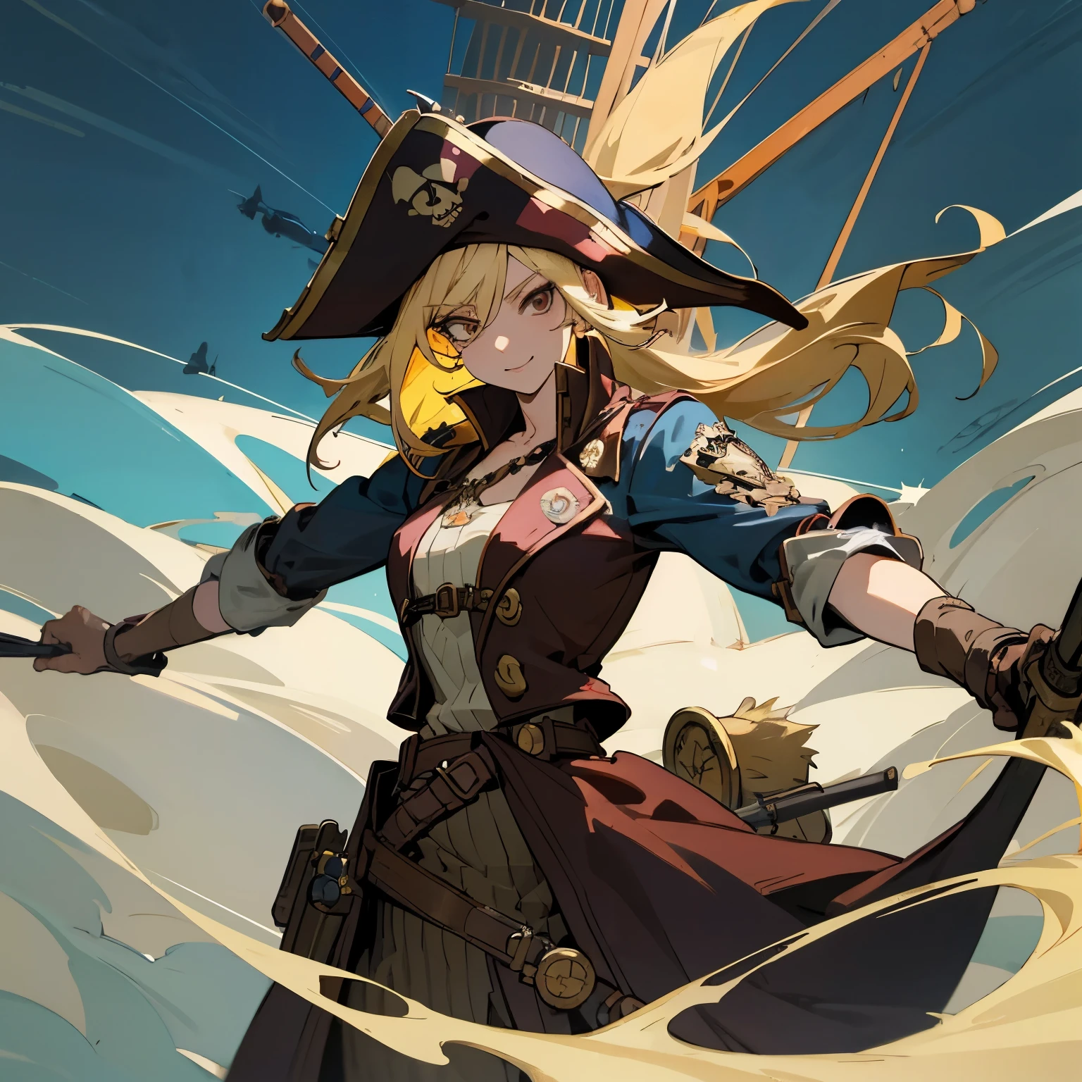 Produce an illustration of a daring buccaneering pirate of approximately 35 years old in anime style. She sports flowing blonde hair, wears an imposing pirate hat and holds typical pirate weapons in both hands. Destaque a personalidade destemida da personagem, incorporando elementos do universo RPG para criar uma cena envolvente