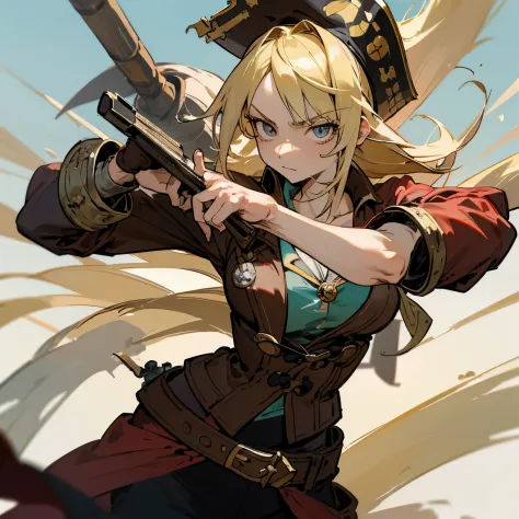 produce an illustration of a daring buccaneering pirate of approximately 35 years old in anime style. she sports flowing blonde ...