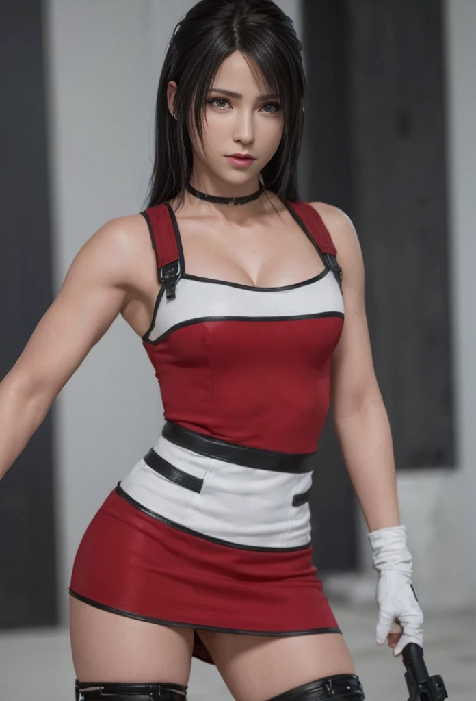 (best quality,ultra detali),(Realistic:1.37), "tifa lockhart", beautiful and detailed face, black eye makeup, texture ultra realistic, 精致的面容, expression serious