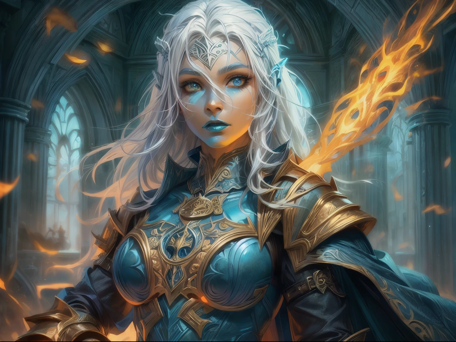 arte de fantasia, arte, Arte RPG, Plano geral, (obra de arte: 1.4) Retrato, detalhes intensos, Altamente detalhado, fotorrealista, melhor qualidade, alta resolução, Retrato a vedalken female (arte de fantasia, obra de arte, melhor qualidade: 1.3) ((blue pele: 1.5)), detalhes intensos facial details, beleza requintada, (arte de fantasia, obra de arte, melhor qualidade) clérigo, (blue colored pele: 1.5) [1pessoa azul_pele, blue pelened female, (branco hair: 1.3), cabelo longo, olhos verdes intensos, arte de fantasia, obra de arte, melhor qualidade) armado uma espada de fogo fogo vermelho, vestindo pesado (branco: 1.3) armadura de meia placa linda_usando botas de salto alto e cadarços], vestindo um(laranja :1.3) capa, usando símbolo sagrado brilhante GlowingRunes_amarelo, dentro do fundo do templo de fantasia, reflexo da luz, detalhes altos, melhor qualidade, 16k, [ultra detalhado], obra de arte, melhor qualidade, (extremamente detalhado), fechar-se, ultra Plano geral, fotorrealista, CRU, arte de fantasia, arte, arte de fantasia, arte realista,