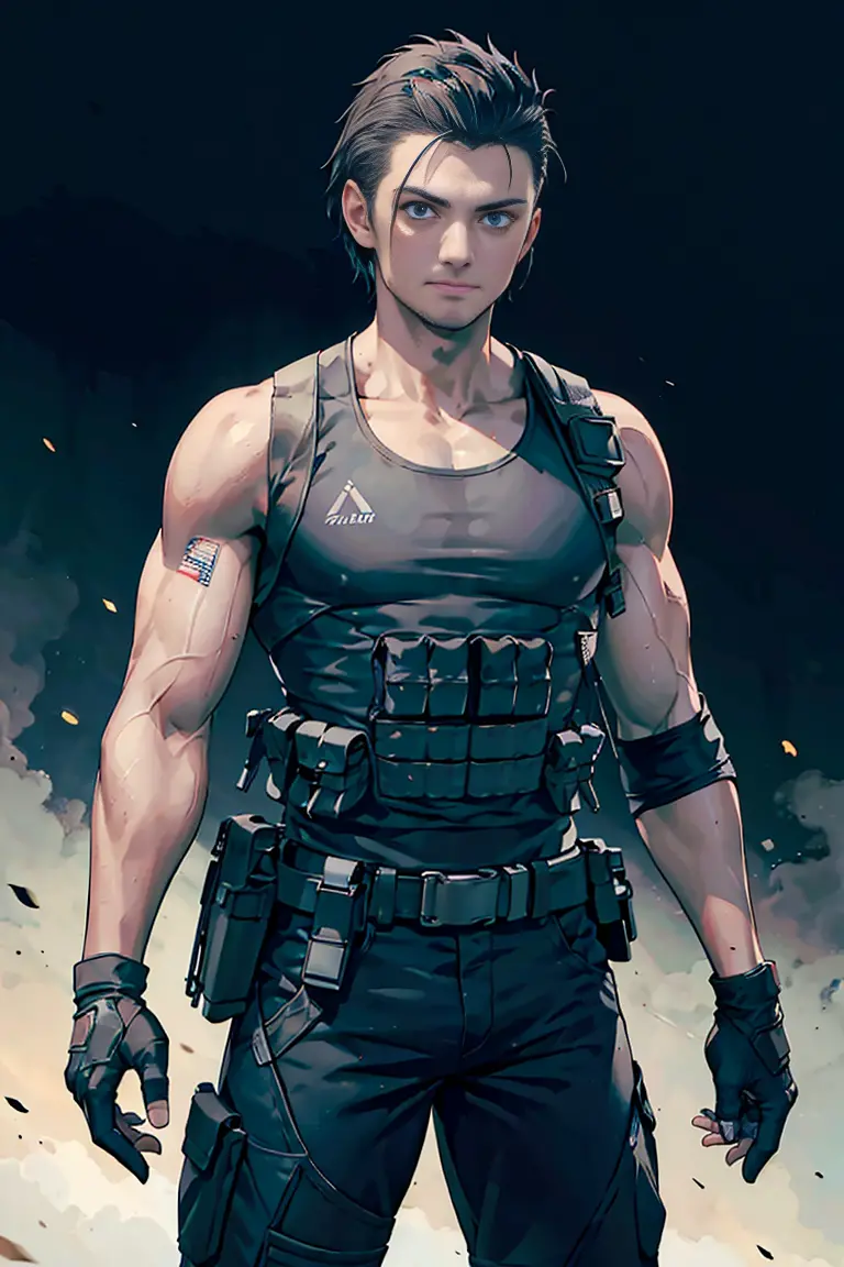(Masterpiece, best quality), 1 American male, ((muscular)), 25 years old, black mohawk, blue eyes, sleeveless combat shirt, fing...