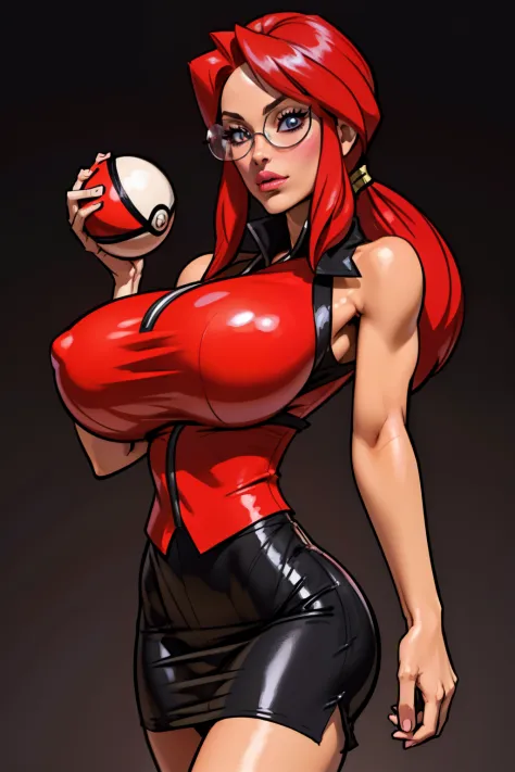 Generate an illustration of a mature (lorelei), gym leader of pokemon, holding a pokeball,  black vest, purple skirt, de terno preto, long hair, hair flows straight down, darkred hair, (gigantic breasts:1.4), Red outfit in anime format with a serious style...