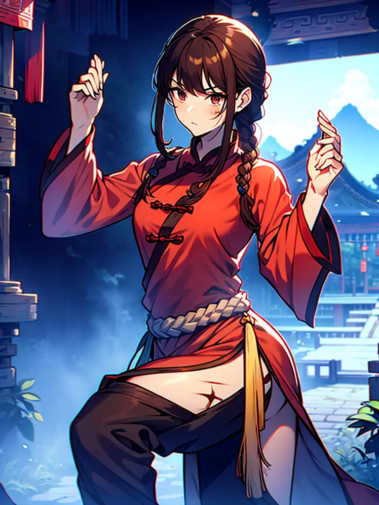 lei kugo live a live, qipao, chinese clothes, traditional clothes, action pose, full body, brown hair, braided hair, scars on fa...