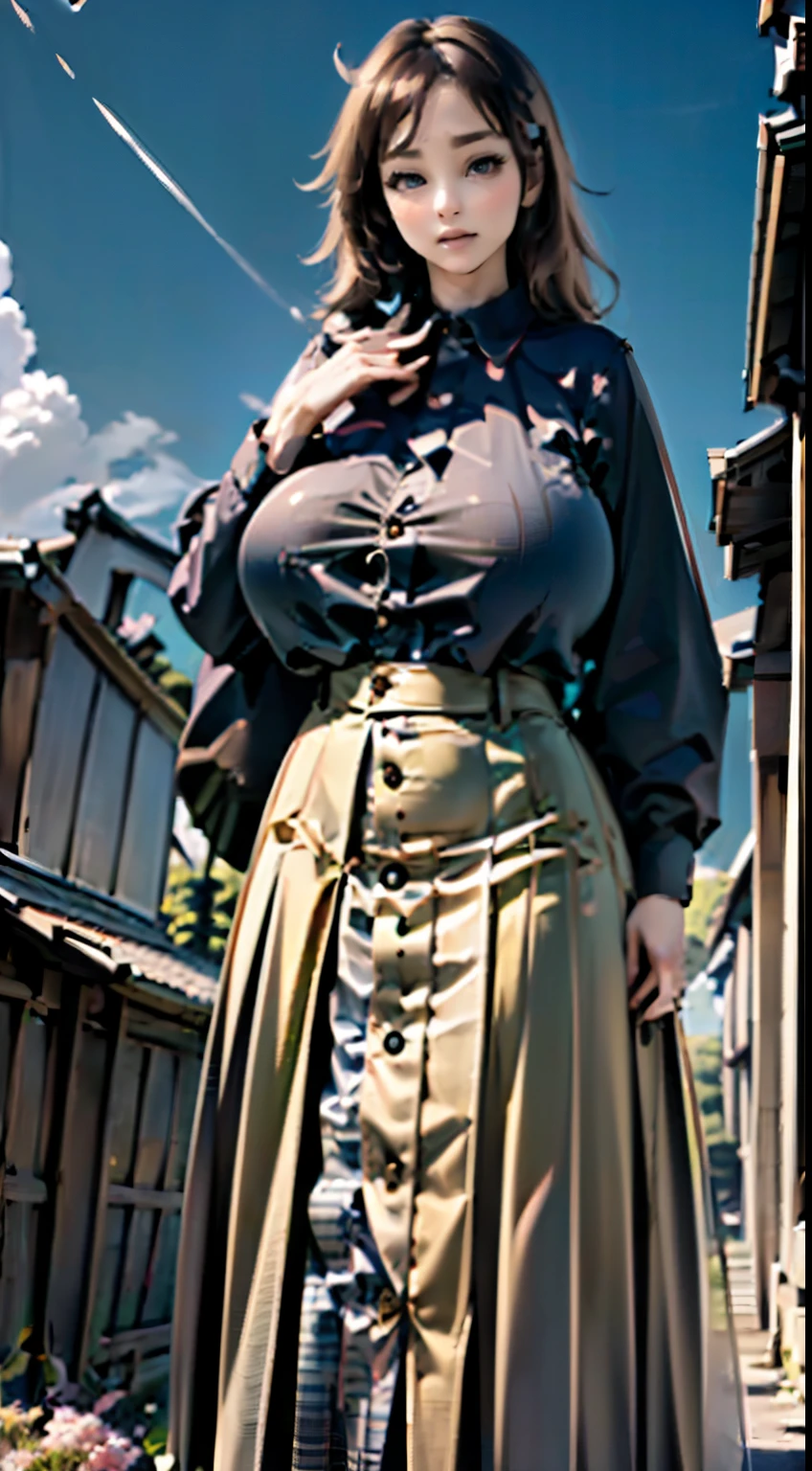 ((Beautiful 35_year_old japanese_woman with tan_skin, brown_hair and kitsune_ears)), (((standing_straight))), (((japanese_country_side))), ((wearing long_skirt with white_button_up_shirt), (((buttons_stretched))), ((full_body_photo)), ((((tube_shaped_breasts))), (((breasts_curved_upwards))), ((((((hyper_long_length_breasts)))))), ((((nipples_poking_upward)))), (((errect_nipples))), (((firm_breasts))), (((breasts_curved_outward from chest))), ((((pointy_breasts)))), (perfect_face), ((((narrow_breasts)))), (((curved_outward_nipples))), (((cylinder_shaped_breasts))), ((((breasts set far apart from each other)))), (((breasts_curving_up_to_sky))), ((smooth_skin)), (perfect_fingers), ((((oblong_breasts)))), (((beautiful_nipples))), ((perfect_fingers)), ((better_eyes)), (bright_sunlight), ((beautiful_face)), ((feminine_face)), (grassy_plain with mount_fuji in distance and sakura_flowers), (((perfect_nipples))), ((perfect_body)), (((perfect_hands))), (((best_quality))), (((perfect_fabric))), (best_quality)
