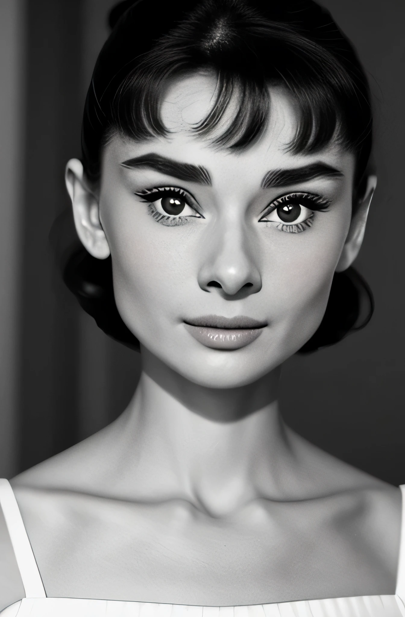 ((black an white filter)), AudreyHepburn, focus on eyes, close up on face,  short black hair styled cascading curls bun, portrait photo of a beautiful young actress: (AudreyHepburn is in the black and white Roman Holiday movie film), hotel room, Award - winning photograph, Masterpiece, 8k, ultra high res, hyper detailed, perfect flawless face, rule of thirds, Realistic Perfect eyes and pupils, Perfect full lips, upturned nose, highly detailed shining hair, ((detailed facial featureinely detailed skin), tanned skin, skin pores, skin blemishes, realistic skin texture, intricate details, photorealism, hyperrealism, ultra realistic, lifelike textures, neutral colors, cinematic lighting, dramatic lighting, backlight on hair, sharp focus, wide angle, film grain, dslr, raw photo,