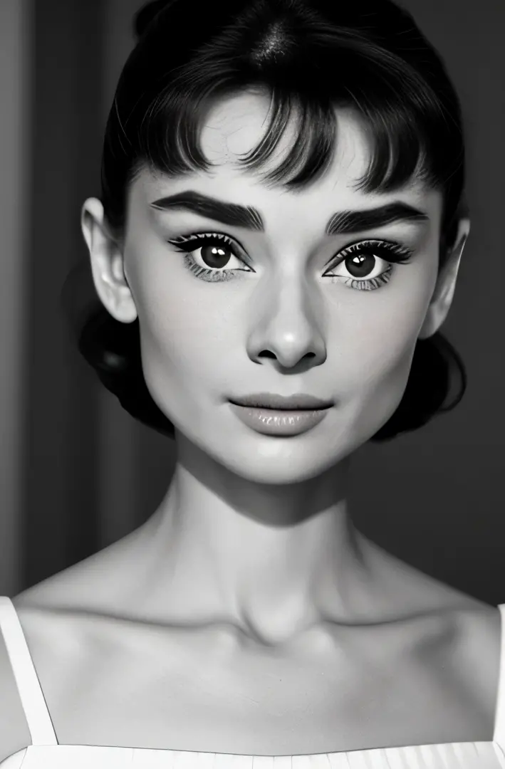 ((black an white filter)), audreyhepburn, focus on eyes, close up on face,  short black hair styled cascading curls bun, portrai...