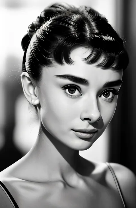 ((black an white filter)), audreyhepburn, focus on eyes, close up on face,  short black hair styled cascading curls bun, portrai...