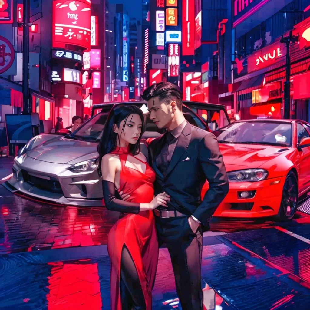 Beautiful Asian woman wearing a red beautiful dress  with black hair next time is a handsome guy wearing a black suit in the background to JDM cars one silver one red in the background a futuristic Tokyo in a red filter