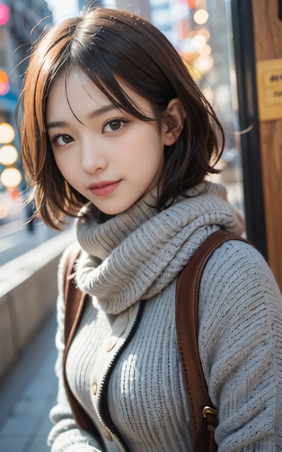 Cute 21 years old Japan、during daytime、shopping、Super Detail Face、Eye of Detail、二重まぶた、beautiful thin nose、foco nítido:1.2、prety woman:1.4、(light brown hair,short cut hair, White skin、top-quality、发光、​masterpiece、超A high resolution、(Photorealsitic:1.4)、cute fancy winter clothes、colorful muffler、The best smile、C Cup、No exposure、