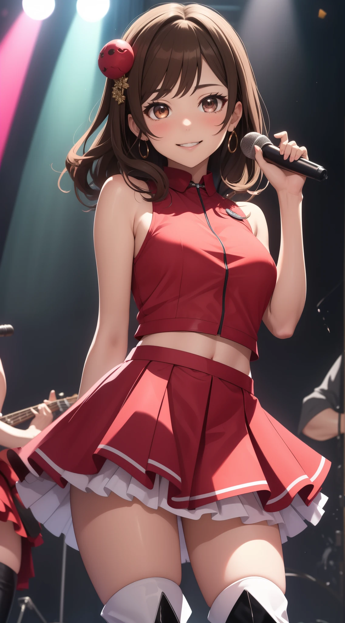 masterpiece, best quality, highly detailed, ultra high res, ayase arisa, 1girl, solo, hazel eyes, hair ornament, short lighg brown hair, side tail, light smile, glossy lips, sleeveless red top, very puffy skirt, flared skirt, pink thigh highs, red heeled boots