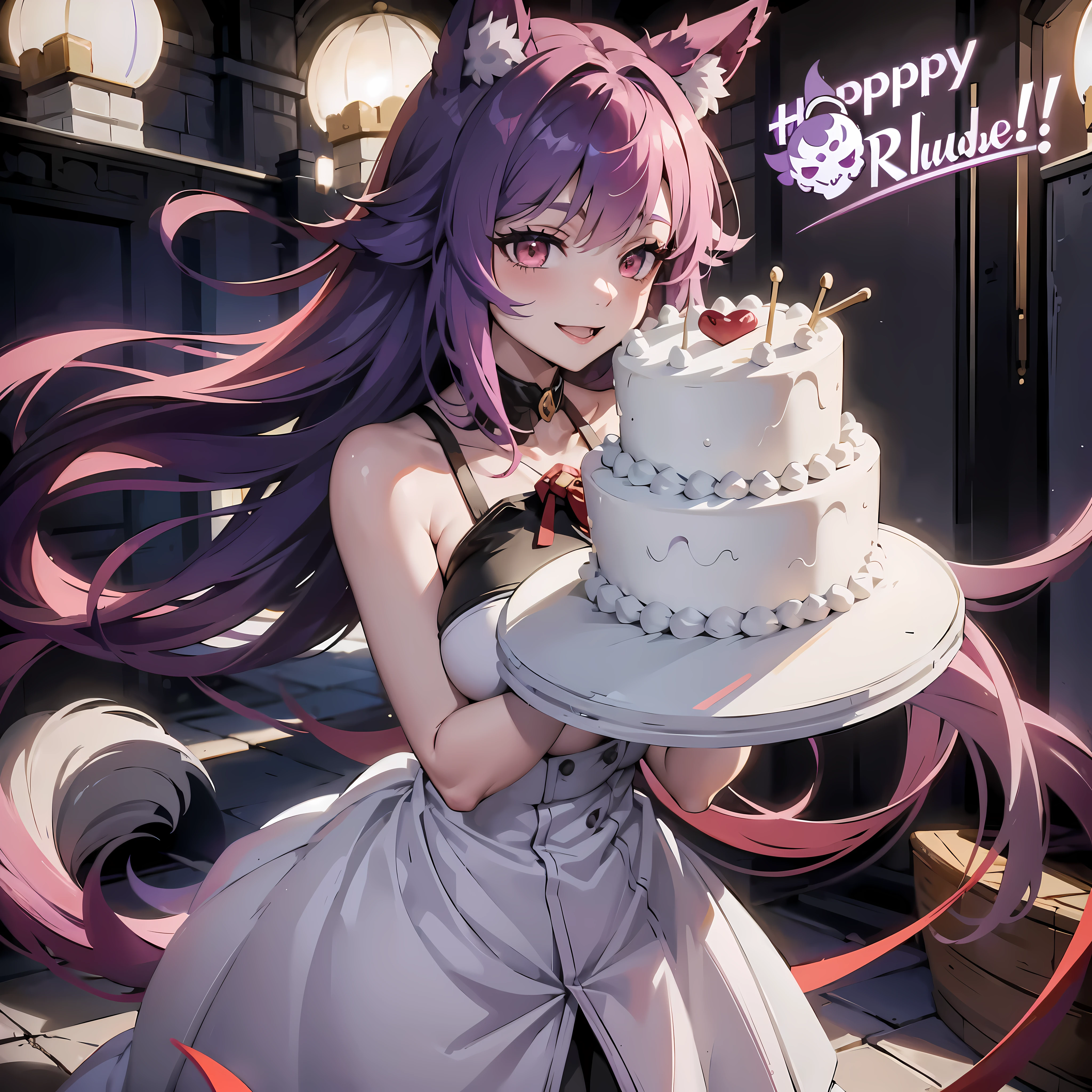 1Girl, red eyes, smile, Purple Hair, cat girl, birthday , birthday cake, Happy Birthday text, huge breasts, cleavage, sideboob, huge butt, Purple fluffy tail, sexy, long tail, sexy dress, waruochi, japanese clothes, concept, concept dress, ribbon on the chest, Happy Birthday text on cake, purple hair, purple hair, curtained hair, bangs, medium hair, fox ears, smile, anime, Wide-Angle, ray tracing, bloom, depth of field, anime style, anime, ((masterpiece)), 8K, highres, ((best quality)), super detail, award winning, anatomically correct