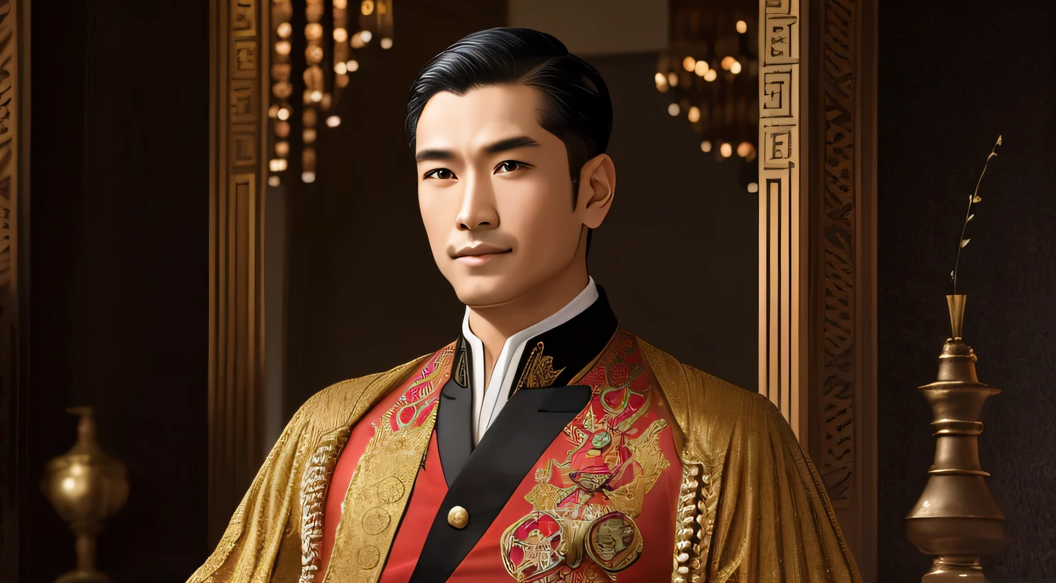 Draw an oil portrait of a man with Asian features, imbued with an imperial aura. Ele deve estar vestido com trajes elegantes da era imperial, com cores ricas e detalhes ornamentados. Sua postura deve transmitir dignidade e serenidade, with a slight smile on his lips. O fundo deve ser sutil, with elements that refer to the culture and architecture of the imperial era, adding a touch of grandeur to the composition.