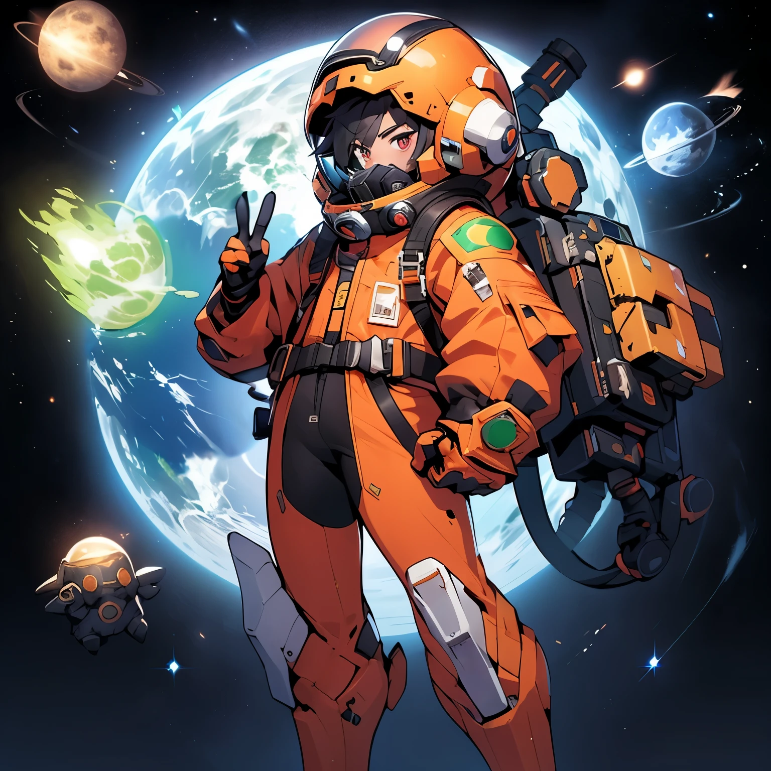 orange glove, peace sign, planet behind