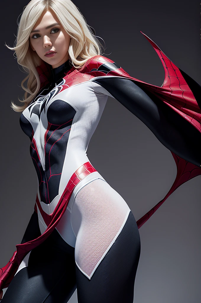 spider gwen, Hot, partial , hightquality, Dynamic Poses, Beautiful, Gorgeous, In love,Short suit, spider in a suit, white black red suit、jessicaalba