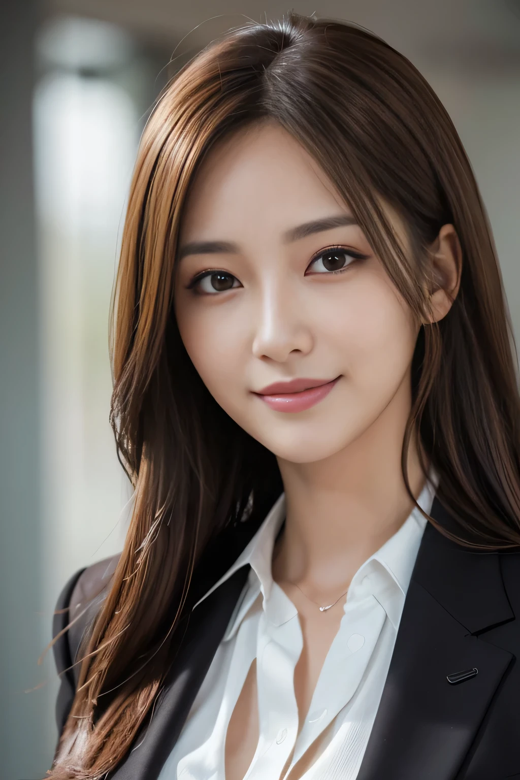 masutepiece, Best Quality, Photorealistic, Ultra-detailed, finely detail, High resolution, 8K Wallpaper, 1 beautiful woman,, light brown messy hair, in a business suit, foco nítido, Perfect dynamic composition, Beautiful detailed eyes, detailed hairs, Detailed realistic skin texture, Smiling, Close-up portrait, Model body type