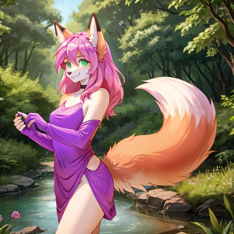Transformation into a purple female fox with long Pink hairs and Green eyes with long fox tail