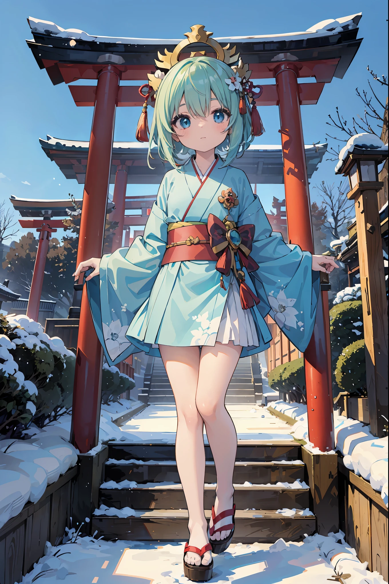 absurd, absolute resolution, incredibly absurd, super high quality, super detailed, official art, unity 8k wall, masterpiece
BREAK
Subject: First visit to a shrine
Subtitle: Tatsumi-chan (anthropomorphic chibi character), chibi, cute, Meiji Shrine

BREAK
"On a New Year's first visit to the shrine, an anthropomorphic chibi little girl named Tatsumi-chan is wearing a gorgeous kimono with the torii gate of the Meiji Shrine in the background with a flurry of snow. She is wearing a sash with dragon elements, representing the Chinese zodiac sign for the year of the dragon, and holds a small ema (votive tablet) in her hand, ready to write her wishes for the New Year. In the background, the precisely painted precincts of the shrine are decorated with light, and trees covered with fresh snow and stone lanterns create an ethereal atmosphere. Tatsumi-chan has sparkling eyes that symbolize hope for the New Year, and her cute pose brightens the hearts of all who see her."