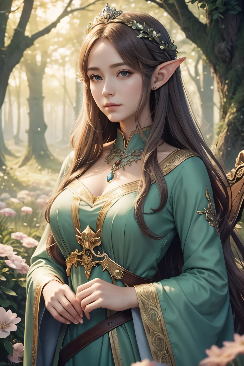 high quality，master piece，delicate facial features，delicate hair，Delicate eyes，delicate hair，anime manga girl，deer antler hair color，Floral, dreamy style, Fantastic flower garden, fantasy style clothing, romantic dress, beautiful elf queen and elegant, a beautiful fantasy empress, fantasy art style, a beautiful fantasy empress, anime fantasy illustration, Priestess, Fey Queen of the Summer Forest, Anime Art Nouveau, Goddess of the Forest, Portrait of an elf queen, beautiful illustration of art，8k high-quality detailed art（delicate facial portrait Representation of fine hair the highest quality Masterpiece Masterpieces High degree of completion a sense of atmosphere Wallpaper，masterpiece，Best quality at best，Ultra - Detailed