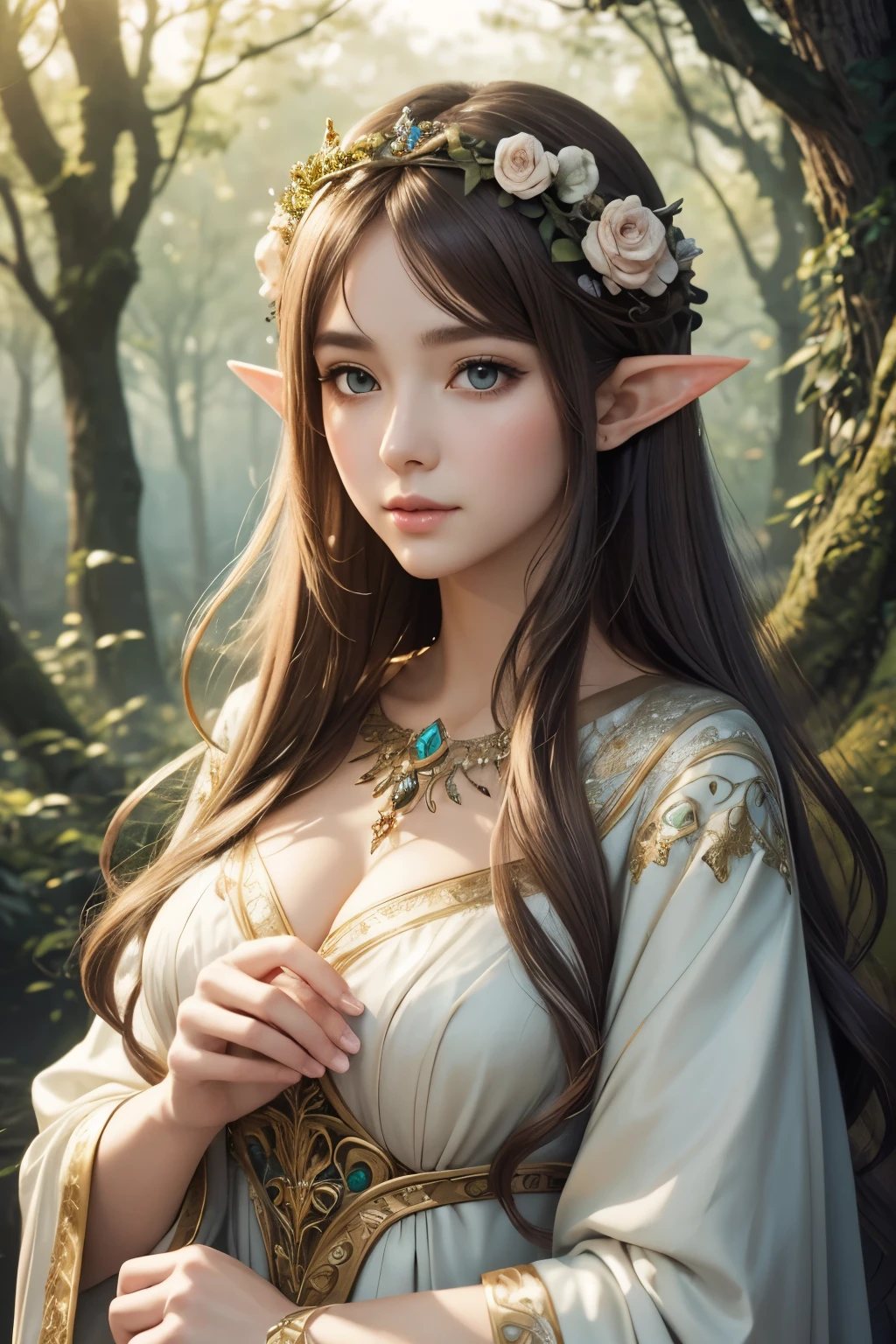 high quality，master piece，delicate facial features，delicate hair，Delicate eyes，delicate hair，anime manga girl，deer antler hair color，Floral, dreamy style, Fantastic flower garden, fantasy style clothing, romantic dress, beautiful elf queen and elegant, a beautiful fantasy empress, fantasy art style, a beautiful fantasy empress, anime fantasy illustration, Priestess, Fey Queen of the Summer Forest, Anime Art Nouveau, Goddess of the Forest, Portrait of an elf queen, beautiful illustration of art，8k high-quality detailed art（delicate facial portrait Representation of fine hair the highest quality Masterpiece Masterpieces High degree of completion a sense of atmosphere Wallpaper，masterpiece，Best quality at best，Ultra - Detailed