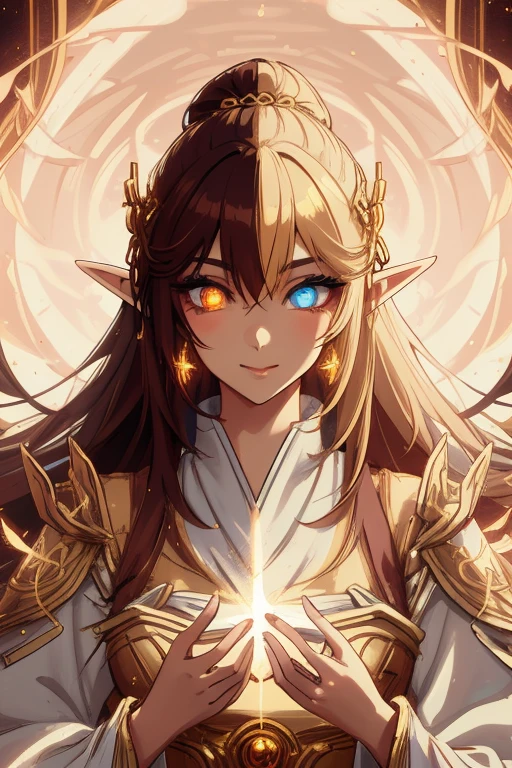 portrait, golden elf, female, golden hair, golden clothes, elven race, detailed eyes, detailed face, royal costume, with a glow of light around her, (best quality, masterpiece: 1.2), vivid colors, luminous lighting , bright golden tone.