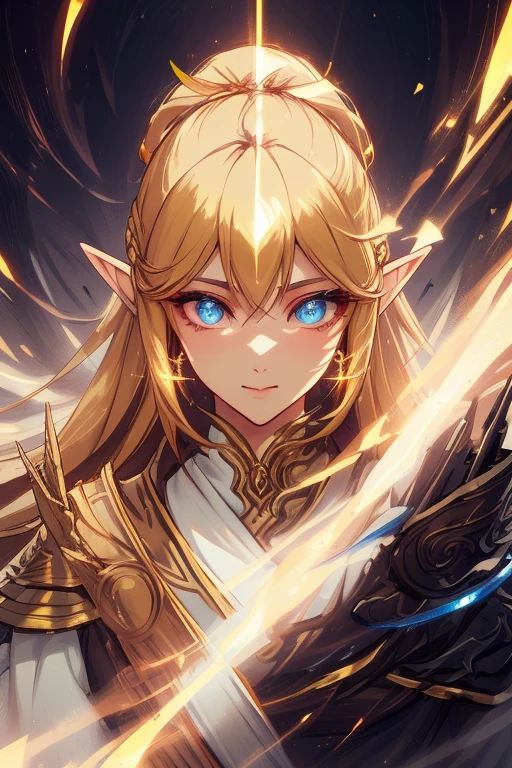 portrait, golden elf, female, golden hair, golden clothes, elven race, detailed eyes, detailed face, royal costume, with a glow of light around her, (best quality, masterpiece: 1.2), vivid colors, luminous lighting , bright golden tone.