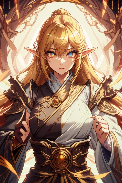 portrait, golden elf, female, golden hair, golden clothes, elven race, detailed eyes, detailed face, royal costume, with a glow of light around her, (best quality, masterpiece: 1.2), vivid colors, luminous lighting , bright golden tone.