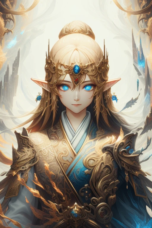 portrait, golden elf, female, golden hair, golden clothes, elven race, detailed eyes, detailed face, royal costume, with a glow of light around her, (best quality, masterpiece: 1.2), vivid colors, luminous lighting , bright golden tone.