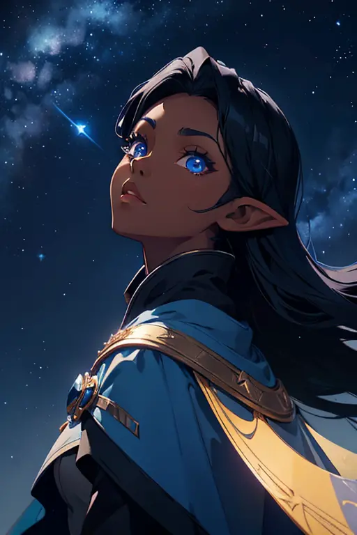 Dark Skin Woman, Elf Ears, Long black hair, Sapphire Blue eyes, Dressed in Blue Cloak, Looking Up to the Sky, blue Starry night ...