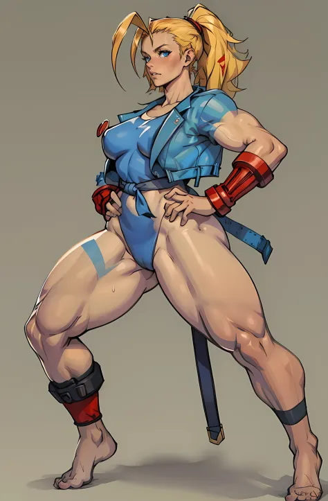 jim lee street fighter, 1girl, cammy white, (thick thighs), (slightly chubby), martial arts gi, makeup, earrings, direct look, solid background, full body, ((masterpiece))