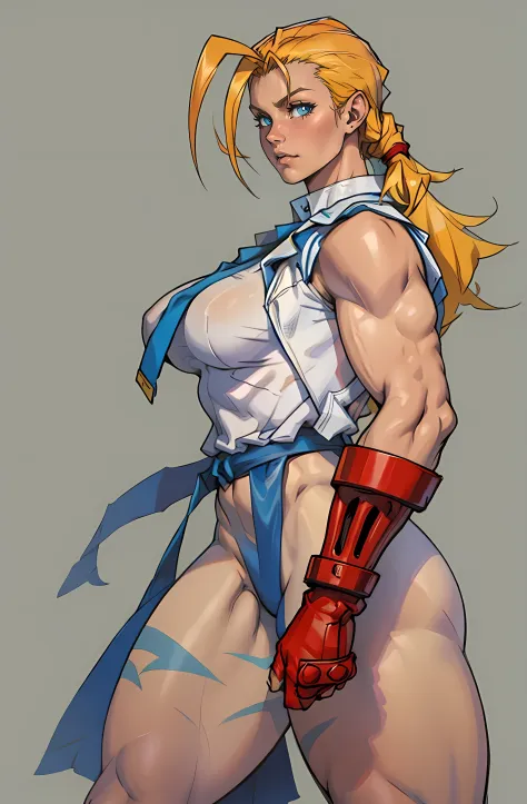jim lee street fighter, 1girl, cammy white, (thick thighs), (slightly chubby), martial arts gi, makeup, earrings, direct look, solid background, full body, ((masterpiece))