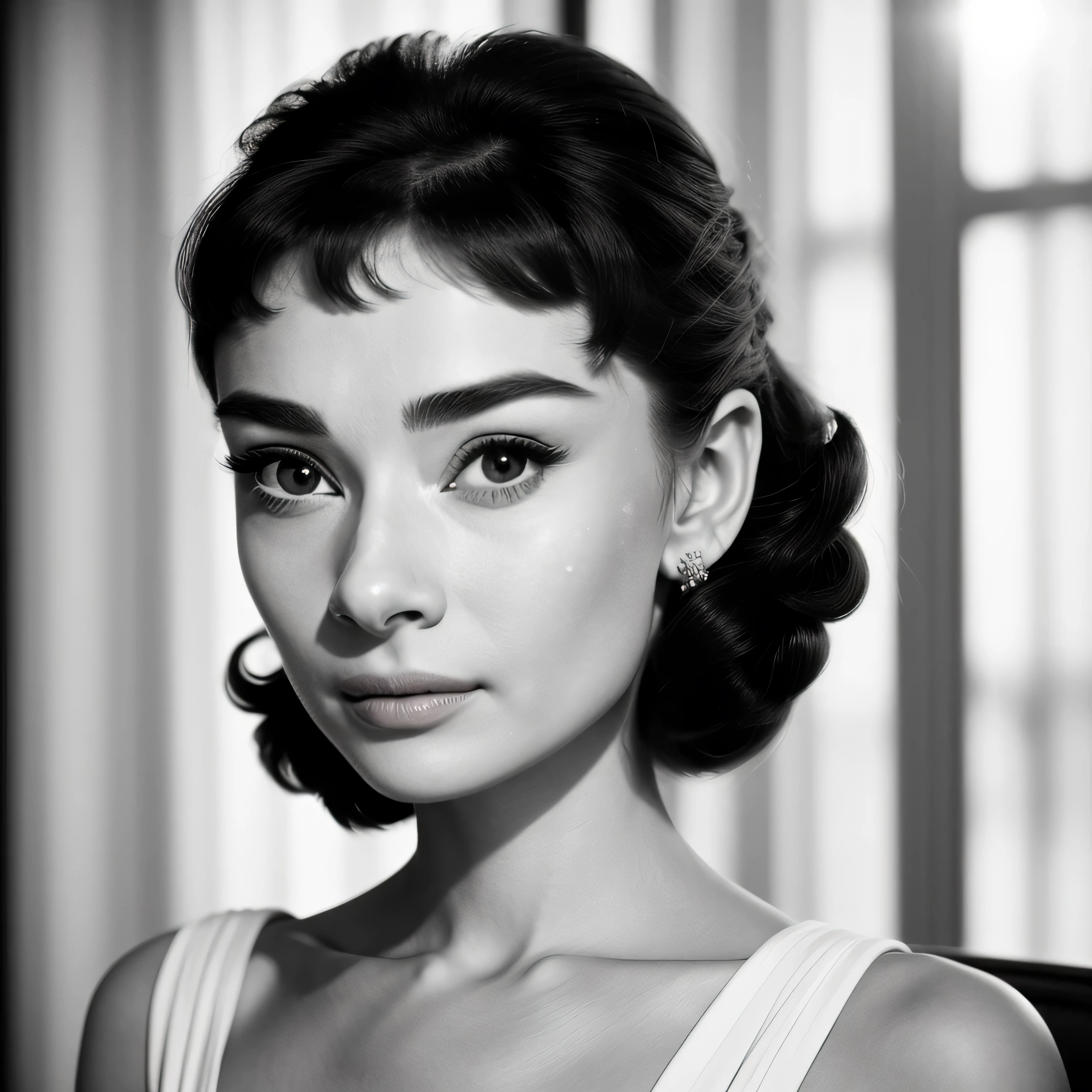 ((black and white filter)), AudreyHepburn, focus on eyes, close up on face,  short black hair styled cascading curls bun, portrait photo of a beautiful young actress: (AudreyHepburn is in the black and white Roman Holiday movie film), hotel room, Award - winning photograph, Masterpiece, 8k, ultra high res, hyper detailed, perfect flawless face, rule of thirds, Realistic Perfect eyes and pupils, Perfect full lips, upturned nose, highly detailed shining hair, ((detailed facial featureinely detailed skin), tanned skin, skin pores, skin blemishes, realistic skin texture, intricate details, photorealism, hyperrealism, ultra realistic, lifelike textures, neutral colors, cinematic lighting, dramatic lighting, backlight on hair, sharp focus, wide angle, film grain, dslr, raw photo,