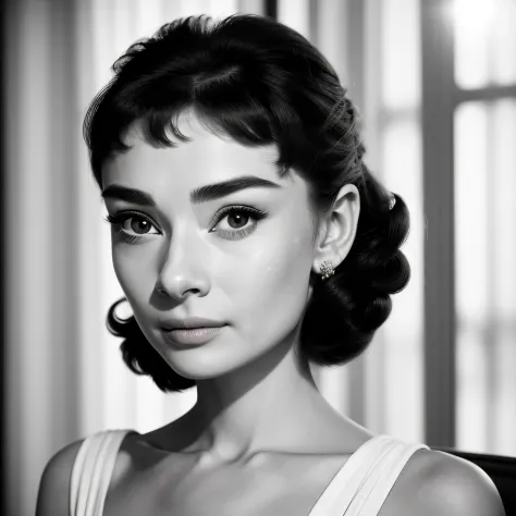 ((black and white filter)), audreyhepburn, focus on eyes, close up on face,  short black hair styled cascading curls bun, portra...