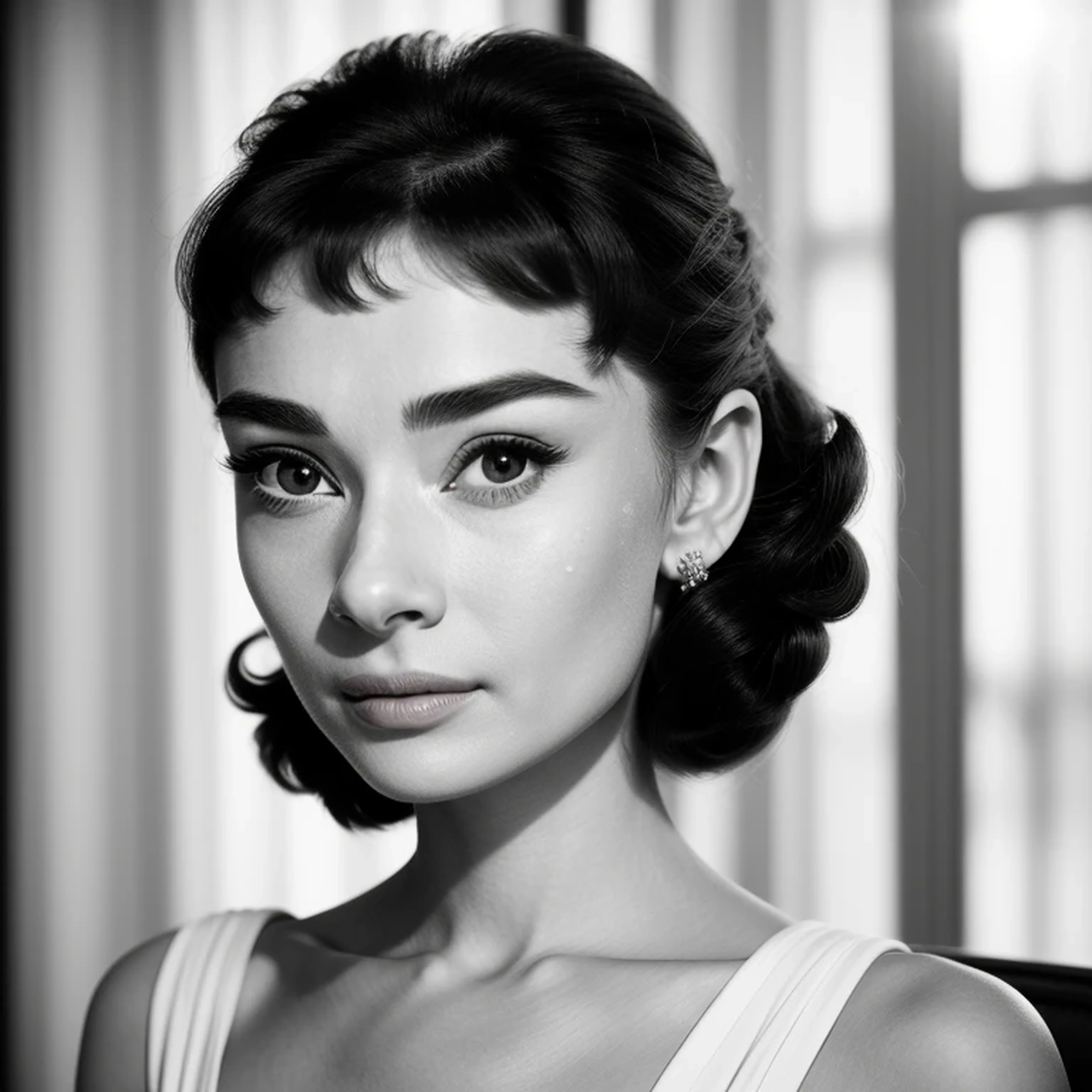 ((black and white filter)), AudreyHepburn, focus on eyes, close up on face,  short black hair styled cascading curls bun, portrait photo of a beautiful young actress: (AudreyHepburn is in the black and white Roman Holiday movie film), hotel room, Award - winning photograph, Masterpiece, 8k, ultra high res, hyper detailed, perfect flawless face, rule of thirds, Realistic Perfect eyes and pupils, Perfect full lips, upturned nose, highly detailed shining hair, ((detailed facial featureinely detailed skin), tanned skin, skin pores, skin blemishes, realistic skin texture, intricate details, photorealism, hyperrealism, ultra realistic, lifelike textures, neutral colors, cinematic lighting, dramatic lighting, backlight on hair, sharp focus, wide angle, film grain, dslr, raw photo,