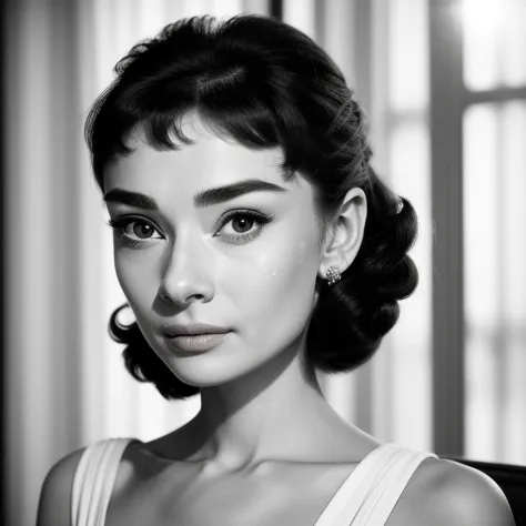 ((black and white filter)), audreyhepburn, focus on eyes, close up on face,  short black hair styled cascading curls bun, portra...