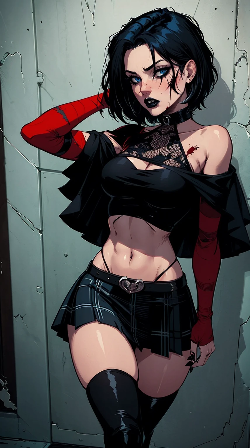 a woman with short black hair, hair on shoulders,  wearing a black cropped  and plaid skirt, blue eyes, zombie art, gothic art, cute aesthetic with vibe, toon aesthetic, wearing red costume, wearing gothic accessories, look like Cassie Hack, whole body, walkin on the skrulls