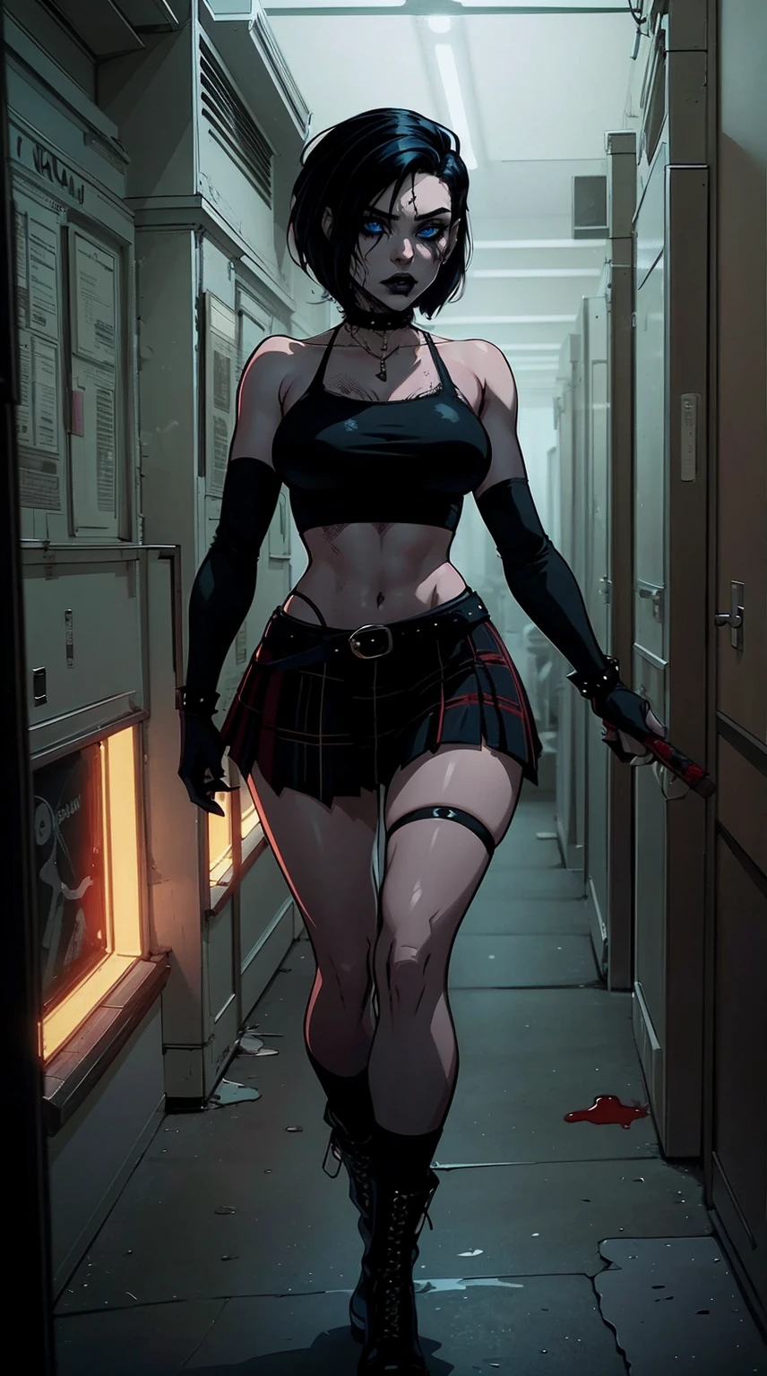 a woman with short black hair, hair on shoulders,  wearing a black cropped  and plaid skirt, blue eyes, zombie art, gothic art, cute aesthetic with vibe, toon aesthetic, wearing red costume, wearing gothic accessories, look like Cassie Hack, whole body, walking on the skrulls