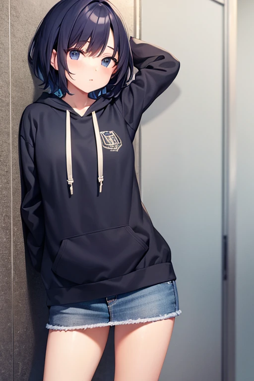 Cool girl, short hair, wear a zip up hoodie over high school uniform