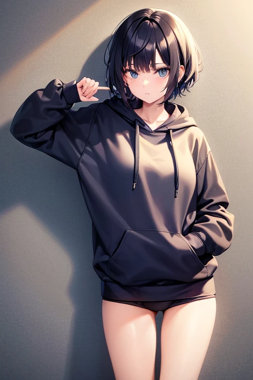 Cool girl, short hair, wear a zip up hoodie over high school uniform