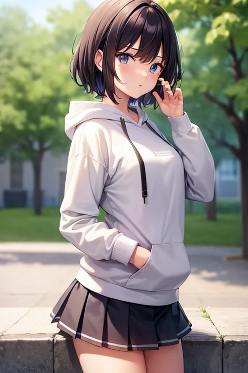 Cool girl, short hair, wear a zip up hoodie over high school uniform