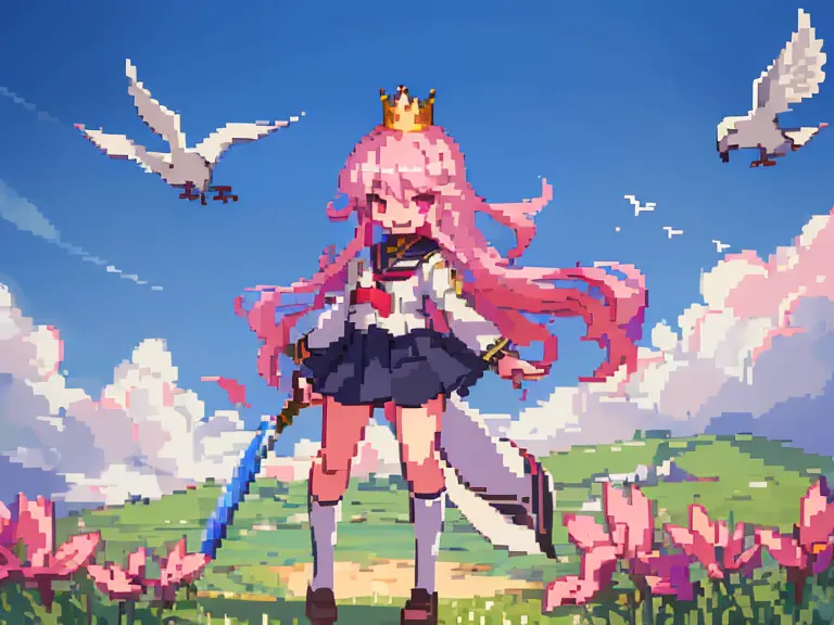 a swordsman girl is playing with birds on a beautiful meadow。the girl has long pink hair and pink eyes，wear a jk school uniform，...