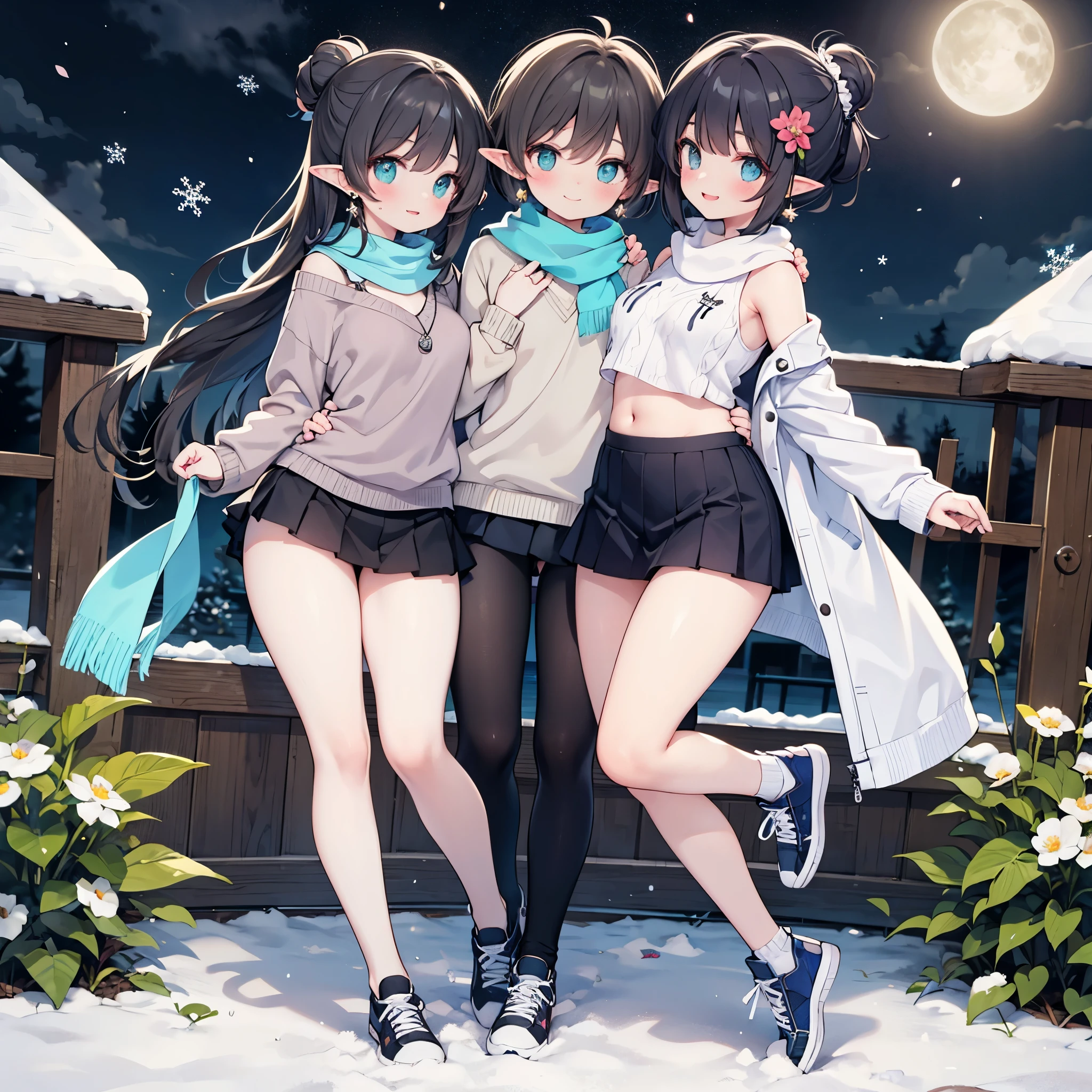 Detailed image, coherent image, high quality image, 1 elf, hair up with flower decorations, black hair.Turquoise eyes, long eyelashes, Earrings, smiling, wearing an off-shoulder sweater, with a scarf, pleated mini skirt, stockings to mid-thigh with light. Sneakers, curvy body, medium chest, thick thighs, round buttocks. At night, surrounded by snowflakes, Full body view, natural lighting,round ass