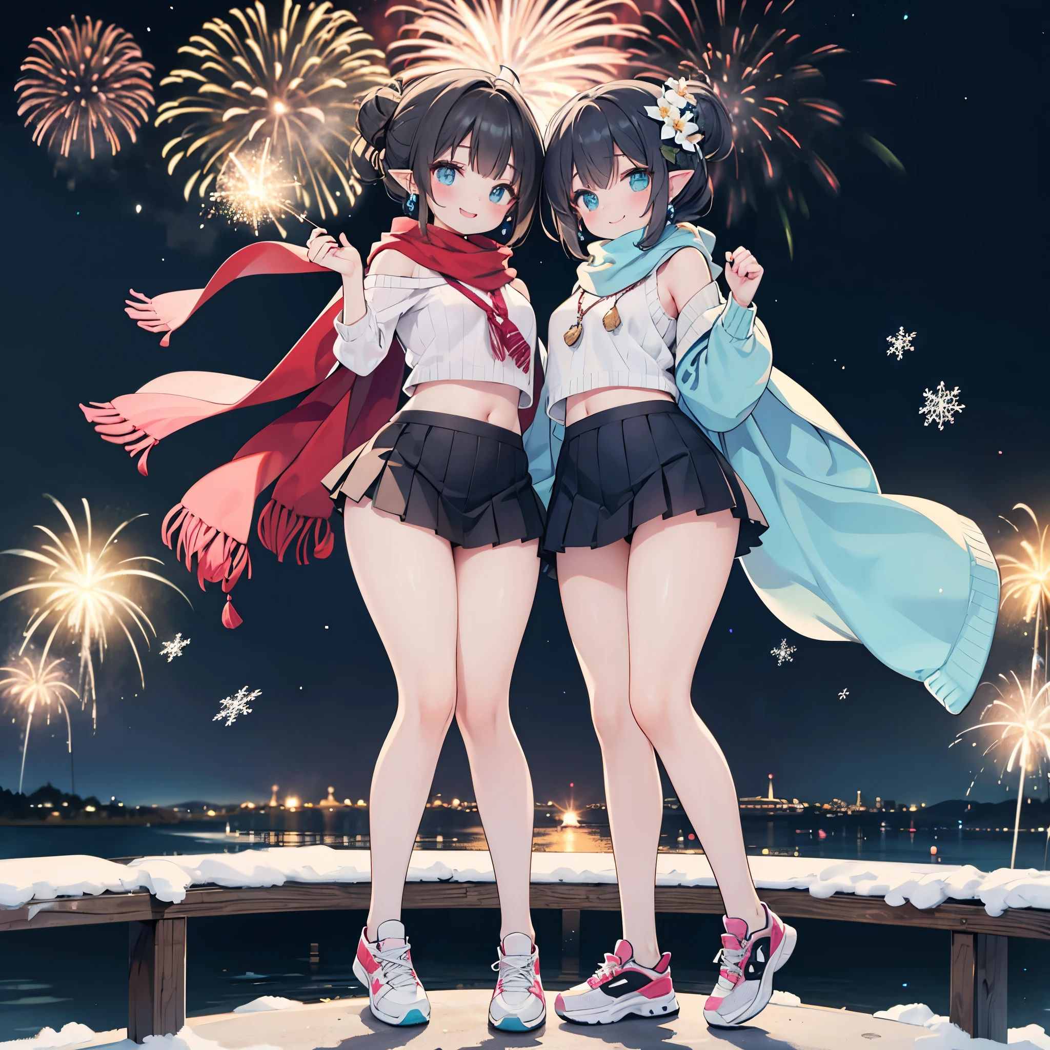 Detailed image, coherent image, high quality image, 1 elf, hair up with flower decorations, black hair.Turquoise eyes, long eyelashes, Earrings, smiling, wearing an off-shoulder sweater, with a scarf, pleated mini skirt, stockings to mid-thigh with light. Sneakers, curvy body, medium chest, thick thighs, round buttocks. At night, surrounded by snowflakes, fireworks. Full body view, natural lighting,round ass