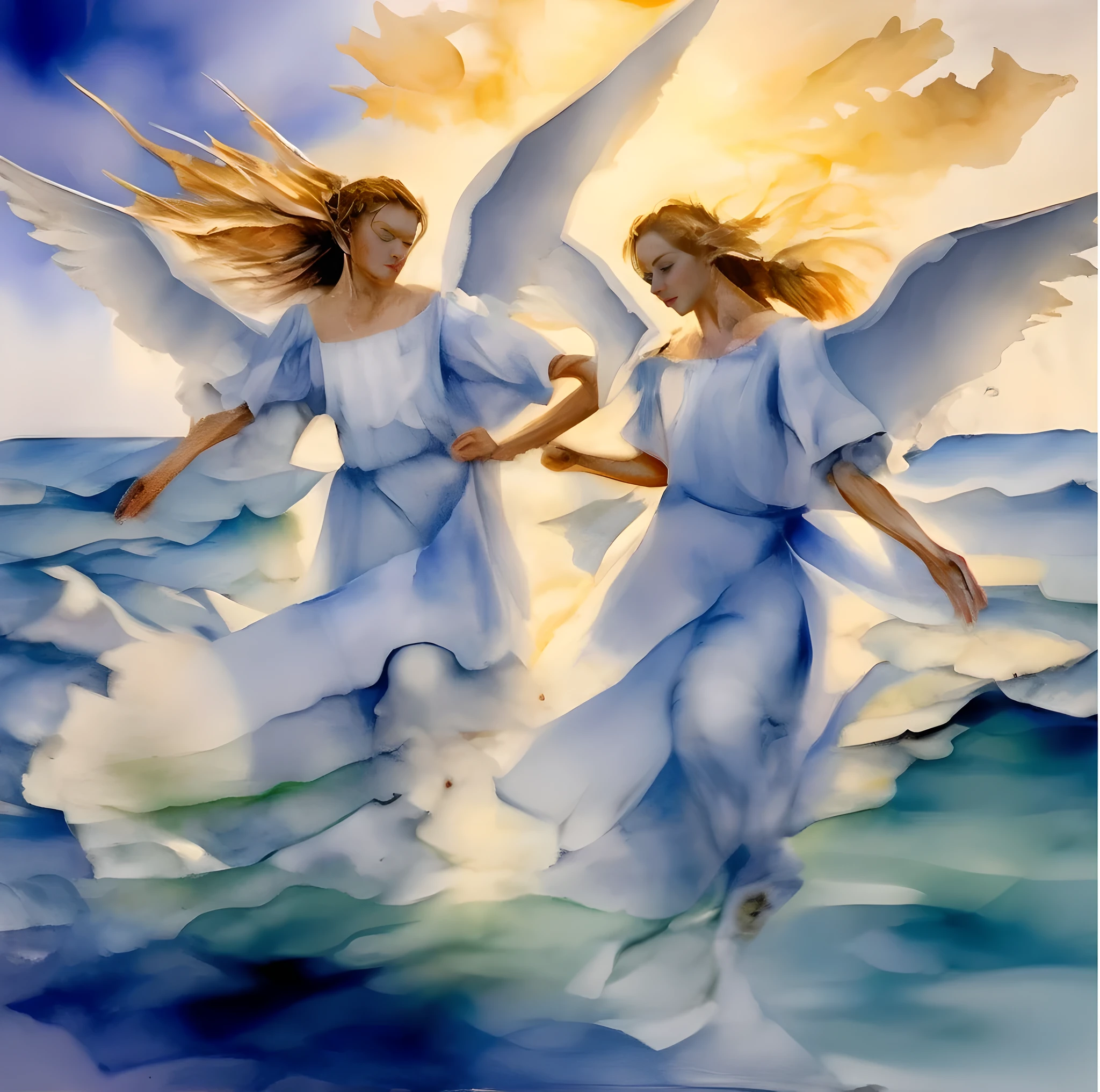 Painting of two angels in white dresses holding hands in the ocean - SeaArt  AI