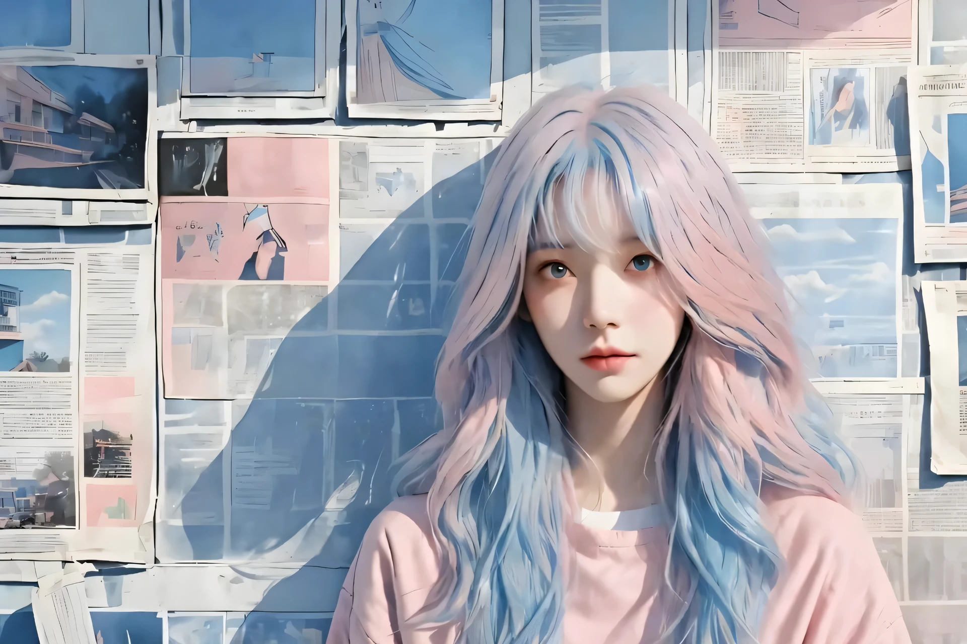 live girl，Has light blue hair and a pink shirt，Standing in front of the newspaper wall, inspired by Yanjun Cheng, Guviz-style artwork, Pink and blue hair, soft Blue and pink tints, Realistic cute girl painting, kawaii realistic portrait, Pink and blue pastels, Blue and pink colors, Blue and pink