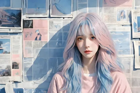 live girl，Has light blue hair and a pink shirt，Standing in front of the newspaper wall, inspired by Yanjun Cheng, Guviz-style ar...